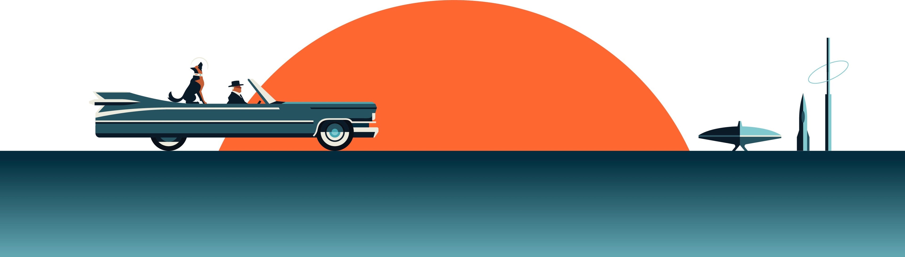 Illustration of a classic car with a man and dog on a road trip, an orange sun, and a some buildings in the background.
